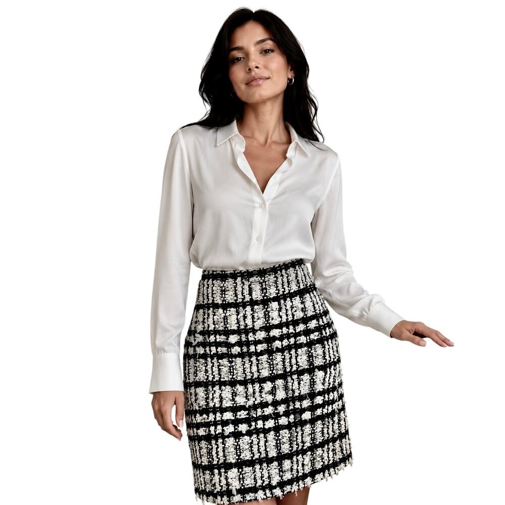St. John by Marie Gray Cashmere Cotton Plaid Tweed Boucle Distressed Skirt 14